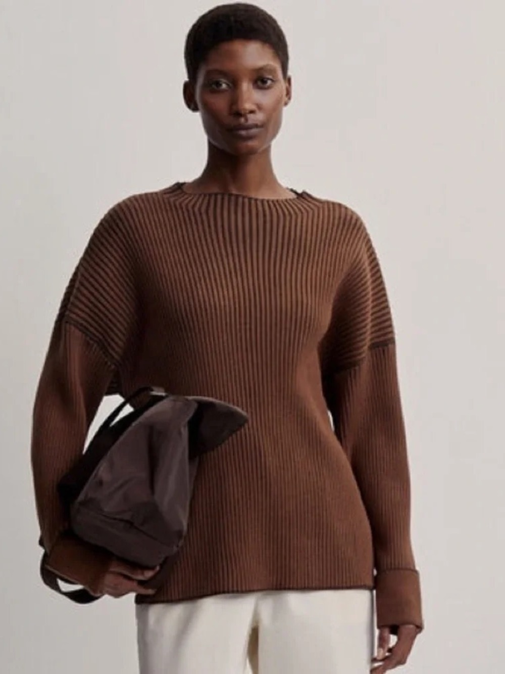 Varley Ribbed Mock Neck Sweater Brown Long Sleeve Knit Top XS